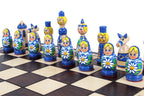 Babushka Blue Wooden Chess Set Russian Design 16.5" Board