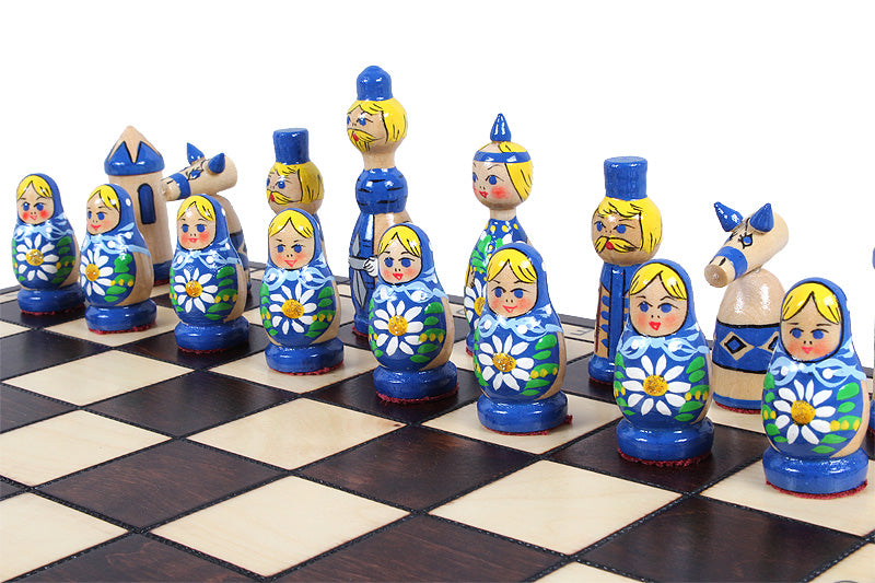 Babushka Blue Wooden Chess Set Russian Design 16.5" Board