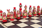 Babushka Blue Wooden Chess Set Russian Design 16.5" Board