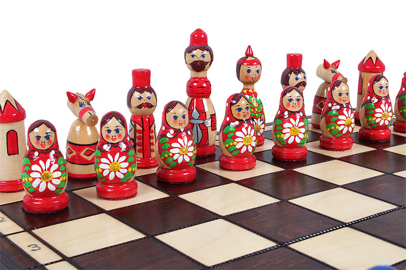 Babushka Blue Wooden Chess Set Russian Design 16.5" Board