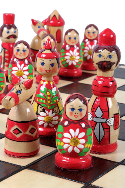 Babushka Blue Wooden Chess Set Russian Design 16.5" Board
