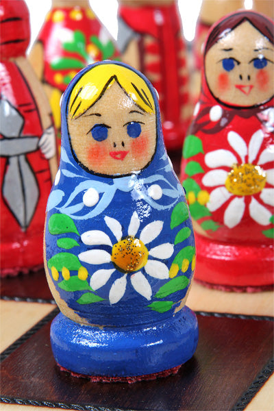 Babushka Blue Wooden Chess Set Russian Design 16.5" Board