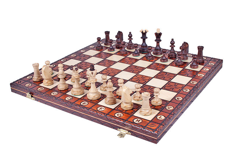 Junior Chess Set with Burned Folding Board (3.35 in King / 85 mm)