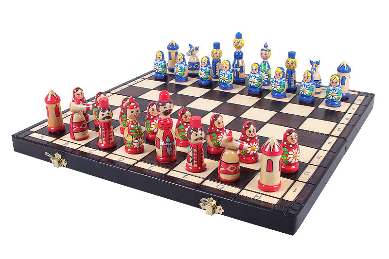 Babushka Blue Wooden Chess Set Russian Design 16.5" Board