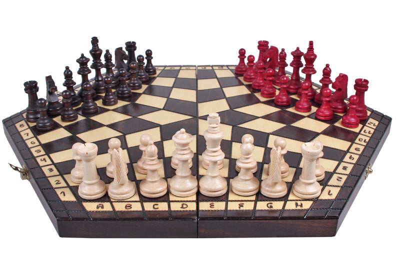 Three Player Wooden Chess Set Large 3.35 in King
