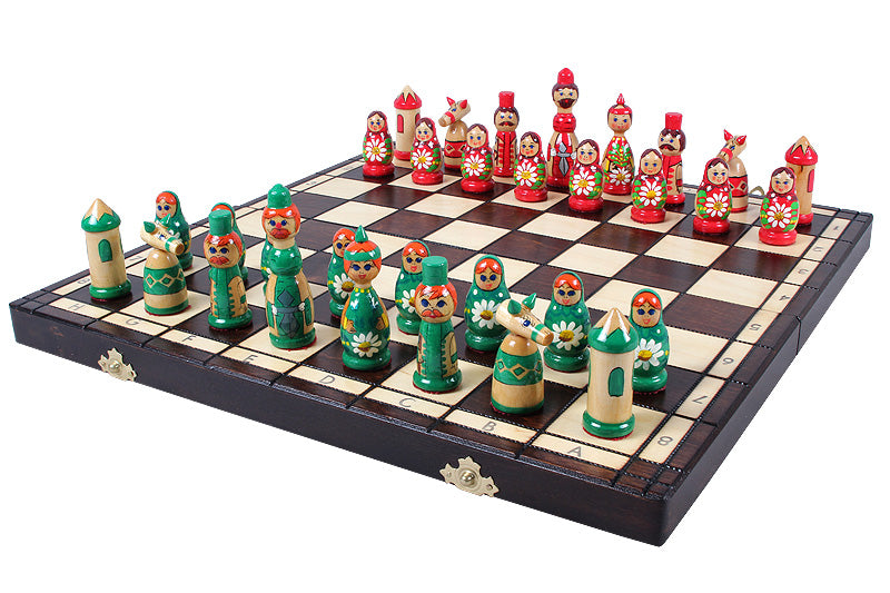 Babushka Blue Wooden Chess Set Russian Design 16.5" Board