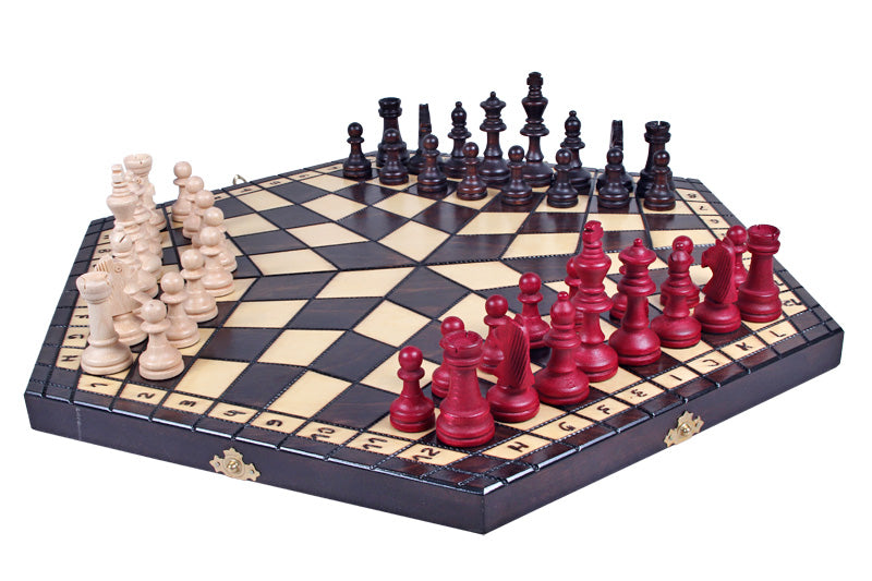Three Player Wooden Chess Set Large 3.35 in King