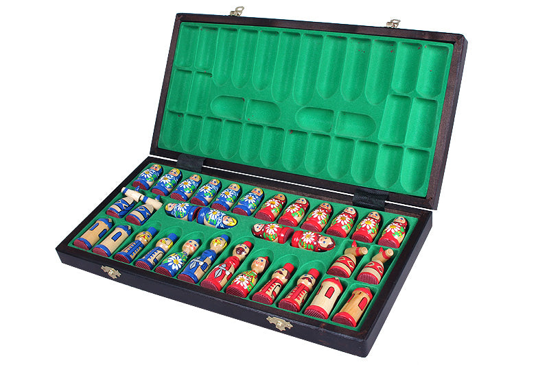 Babushka Blue Wooden Chess Set Russian Design 16.5" Board