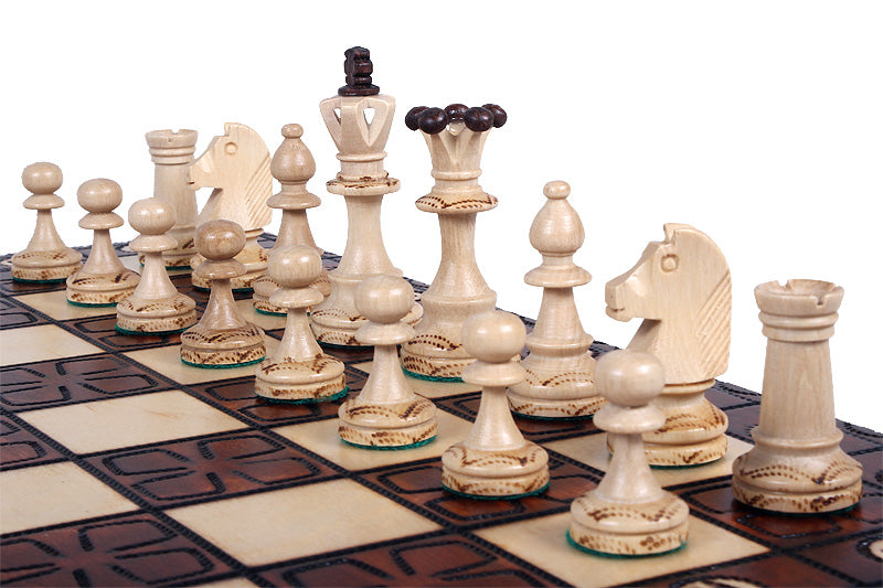 Junior Chess Set with Burned Folding Board (3.35 in King / 85 mm)