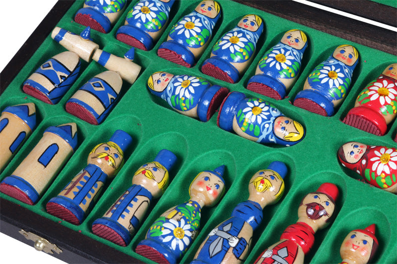 Babushka Blue Wooden Chess Set Russian Design 16.5" Board