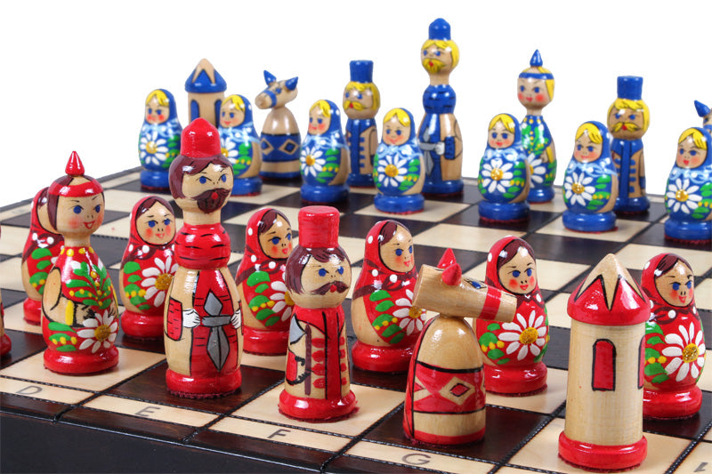 Babushka Blue Wooden Chess Set Russian Design 16.5" Board