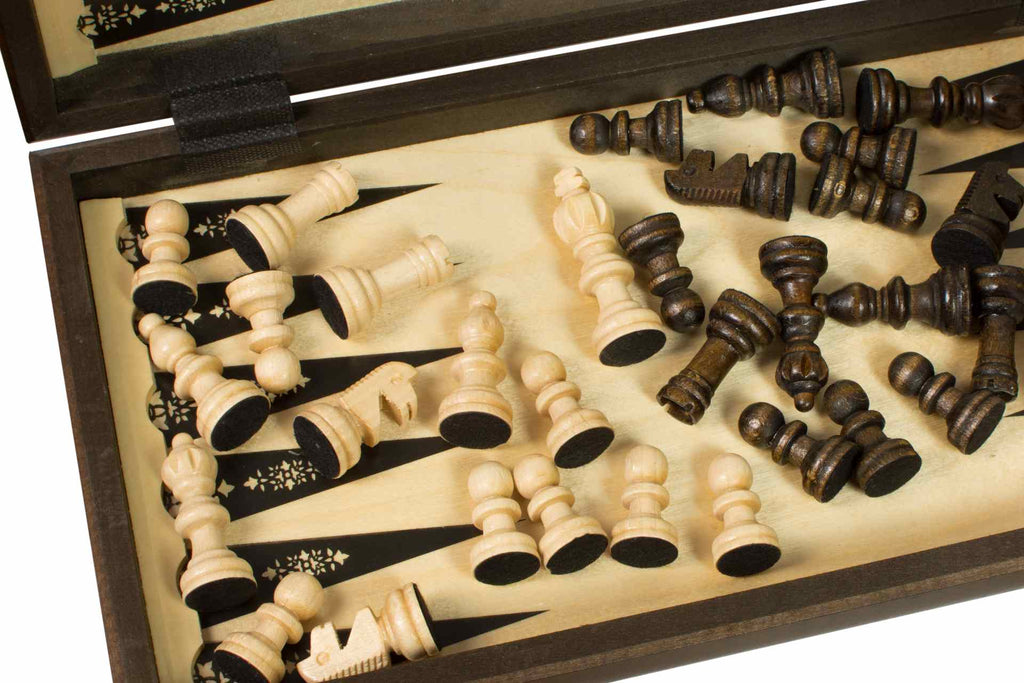3 in 1 Wooden Game Set 15.75" Board for Chess Checkers and Backgammon