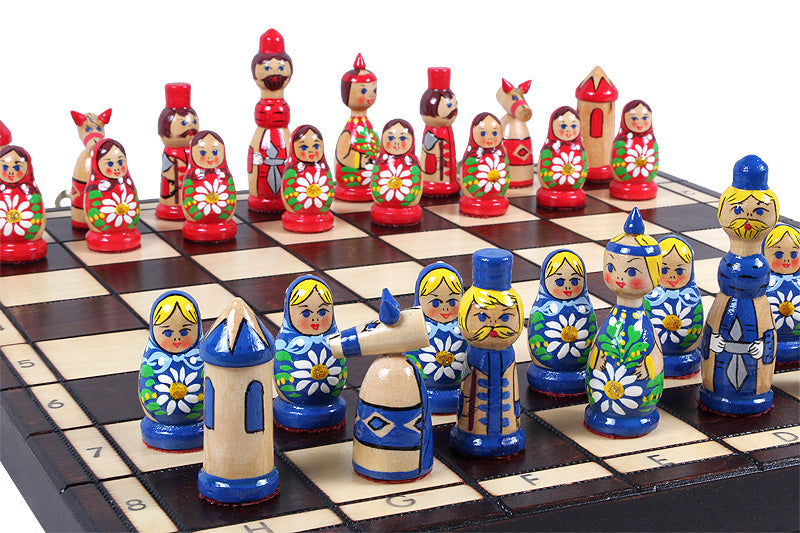 Babushka Blue Wooden Chess Set Russian Design 16.5" Board