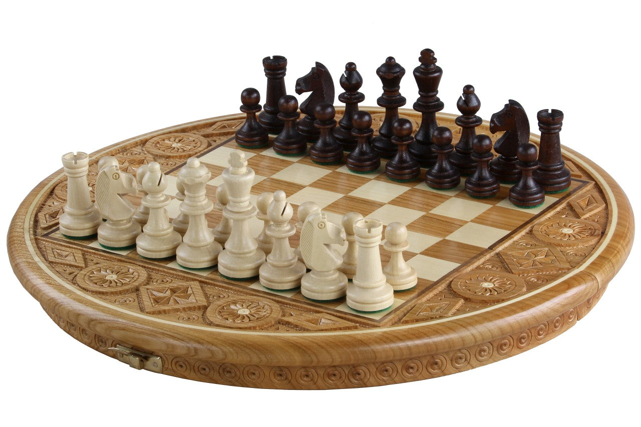 Rubin Hand Carved Chess Set with Round Inlaid Case 13" Diameter
