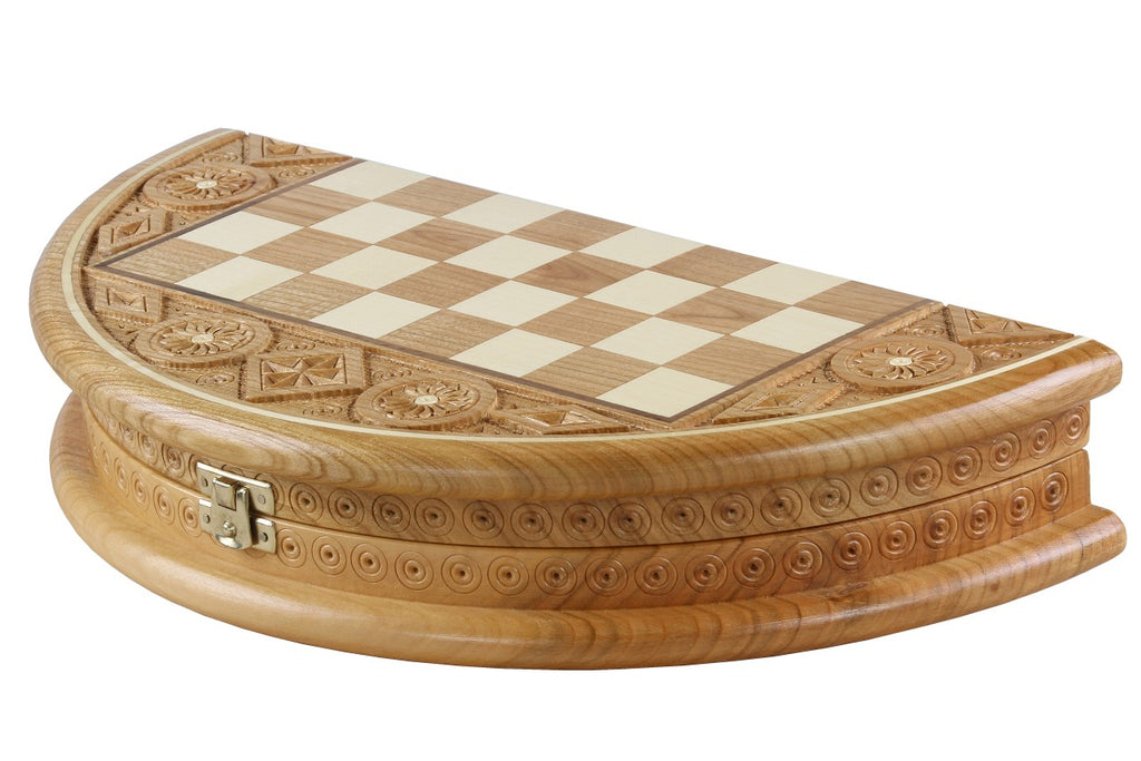Rubin Hand Carved Chess Set with Round Inlaid Case 13" Diameter