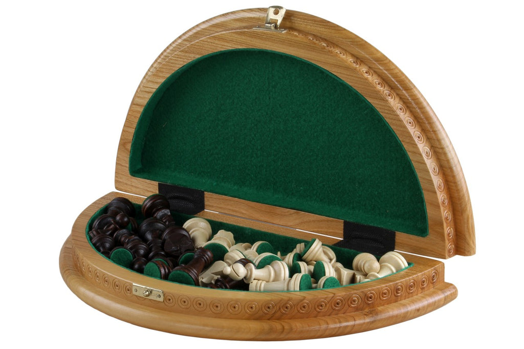 Rubin Hand Carved Chess Set with Round Inlaid Case 13" Diameter