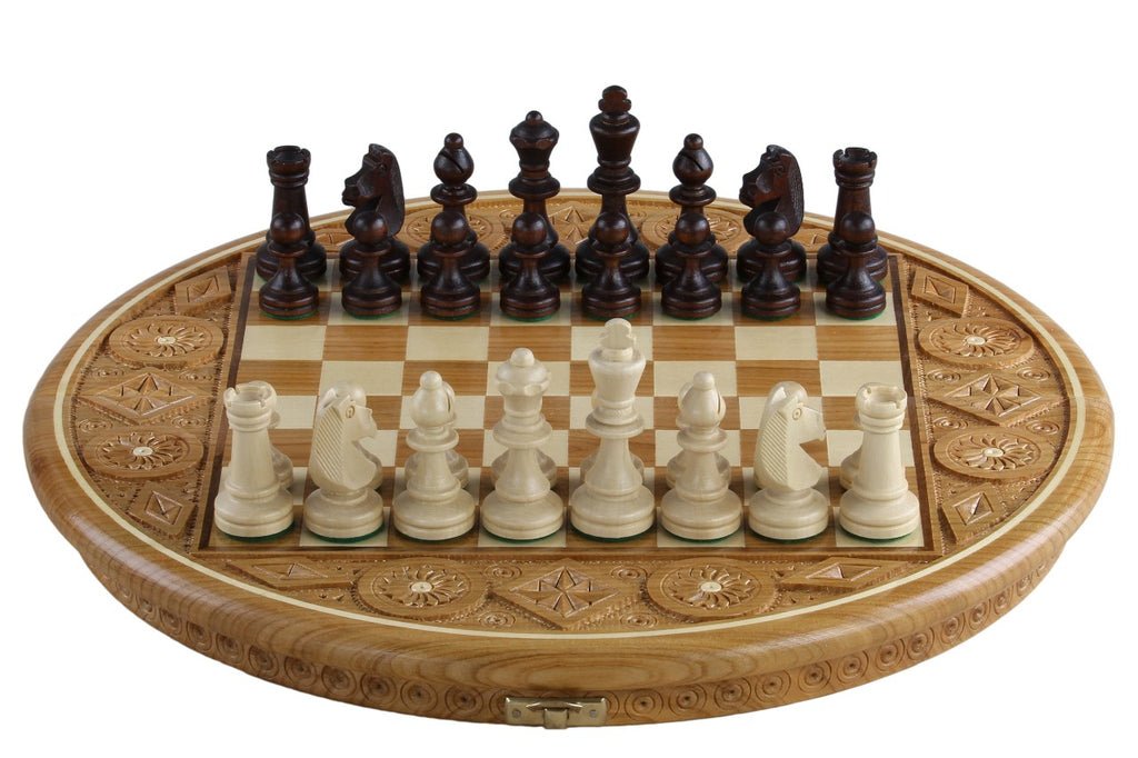 Rubin Hand Carved Chess Set with Round Inlaid Case 13" Diameter