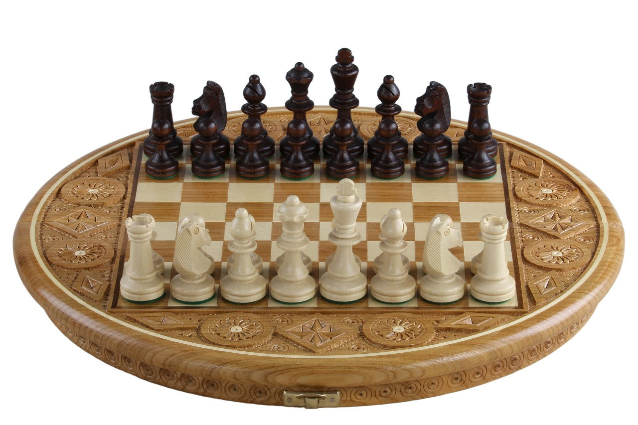 Rubin Hand Carved Chess Set with Round Inlaid Case 13" Diameter