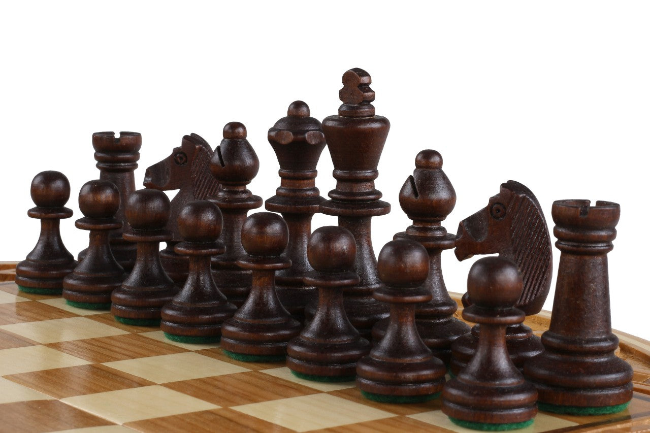 Rubin Hand Carved Chess Set with Round Inlaid Case 13" Diameter