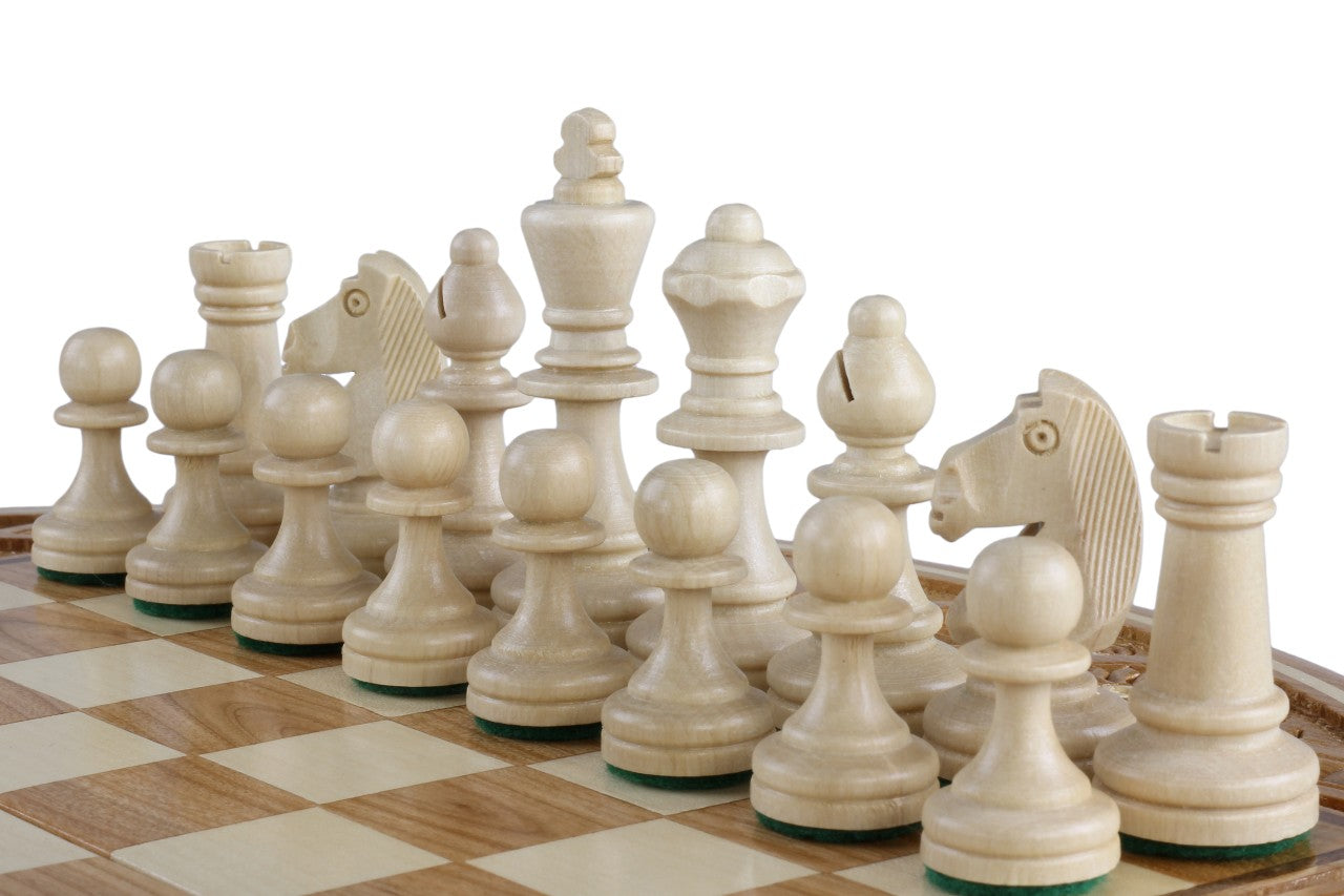 Rubin Hand Carved Chess Set with Round Inlaid Case 13" Diameter