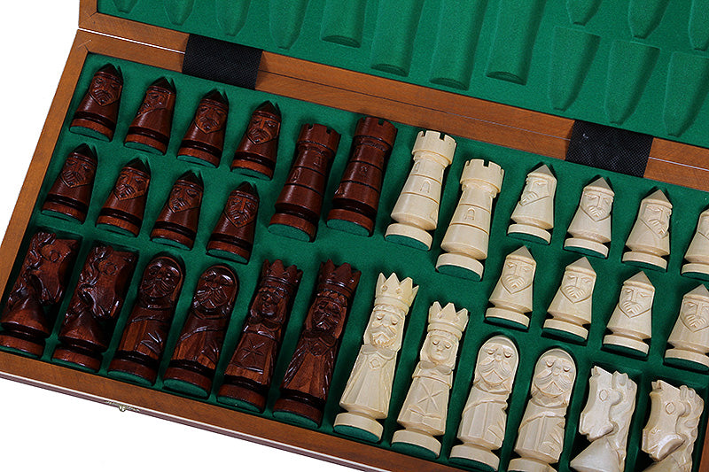 Castle Intarsia Large Folding Chess Set Mahogany and Sycamore Inlay 23.6" Board