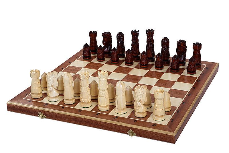 Castle Intarsia Large Folding Chess Set Mahogany and Sycamore Inlay 23.6" Board
