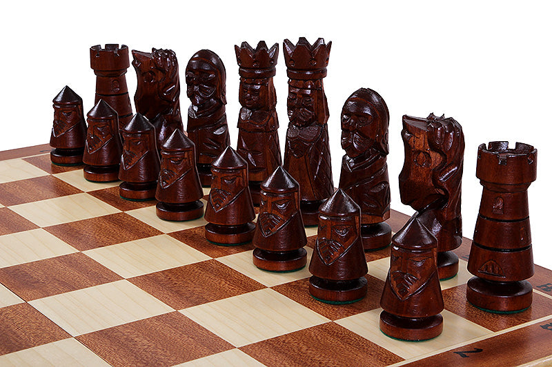 Castle Intarsia Large Folding Chess Set Mahogany and Sycamore Inlay 23.6" Board