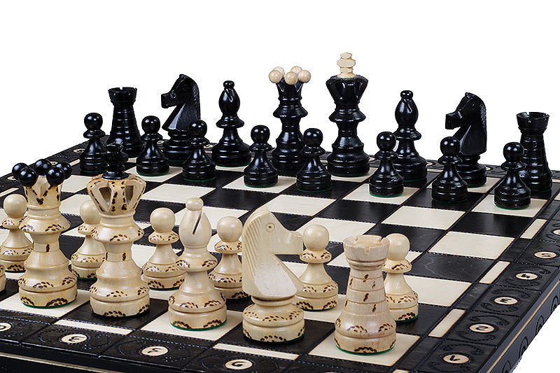 Ambassador Black Deluxe Wooden Chess Set with Burnt Inlay – Size No. 5.5