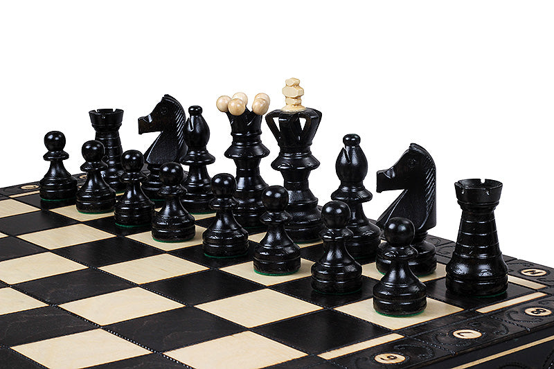 Ambassador Black Deluxe Wooden Chess Set with Burnt Inlay – Size No. 5.5