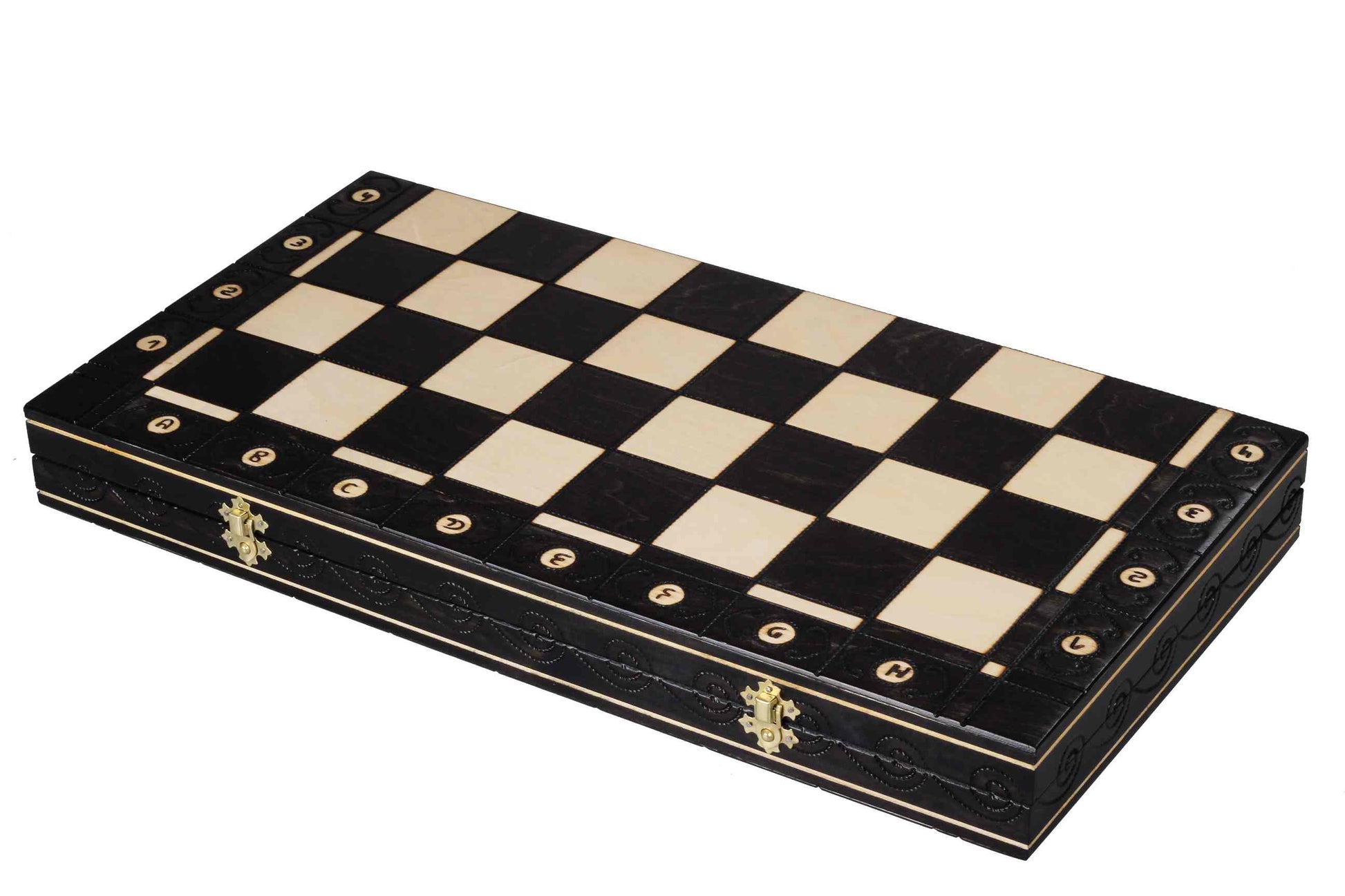 Ambassador Black Deluxe Wooden Chess Set with Burnt Inlay – Size No. 5.5
