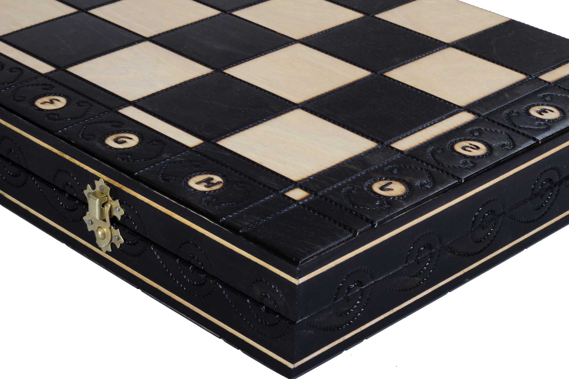 Ambassador Black Deluxe Wooden Chess Set with Burnt Inlay – Size No. 5.5
