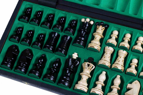Ambassador Black Deluxe Wooden Chess Set with Burnt Inlay – Size No. 5.5