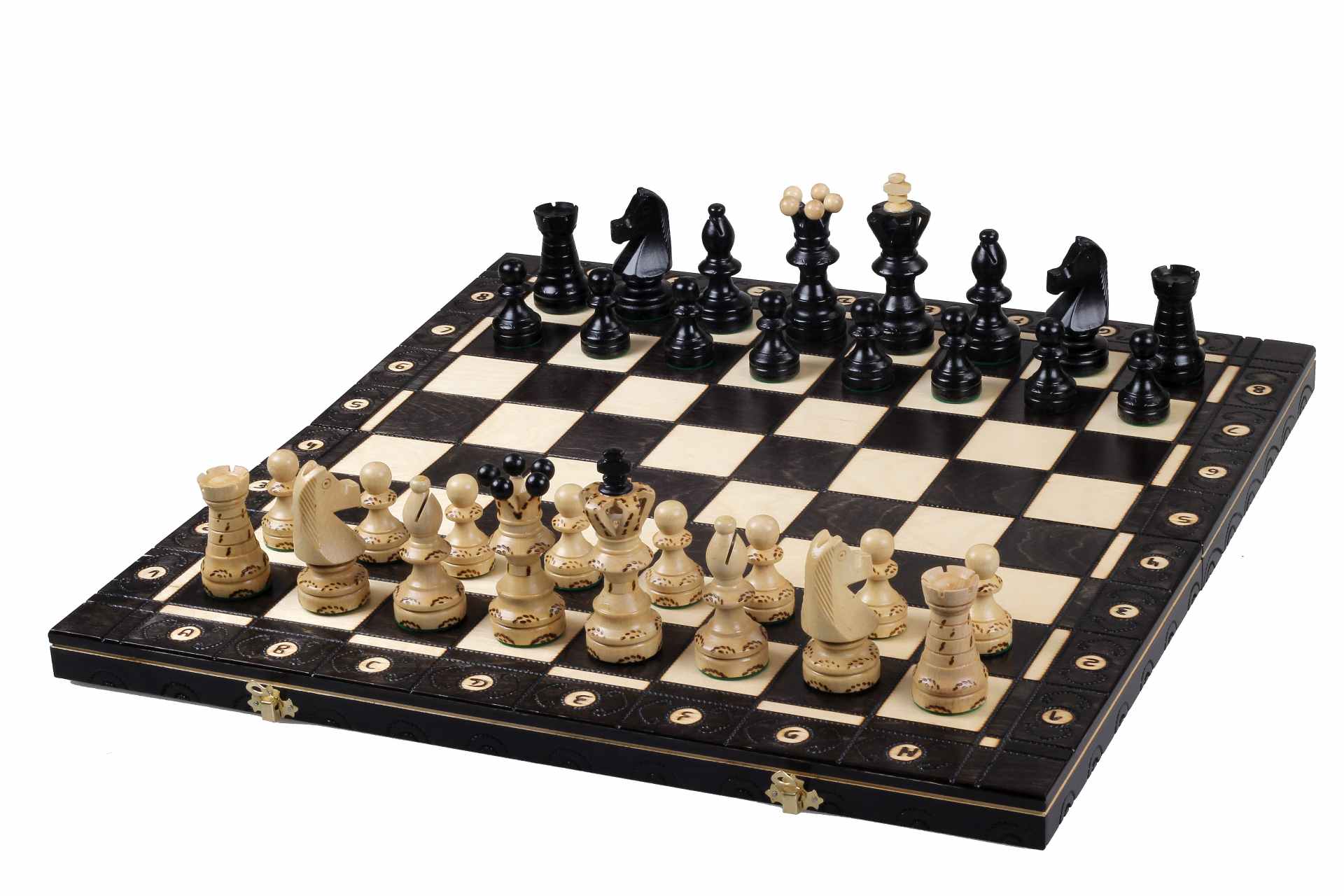 Ambassador Black Deluxe Wooden Chess Set with Burnt Inlay – Size No. 5.5
