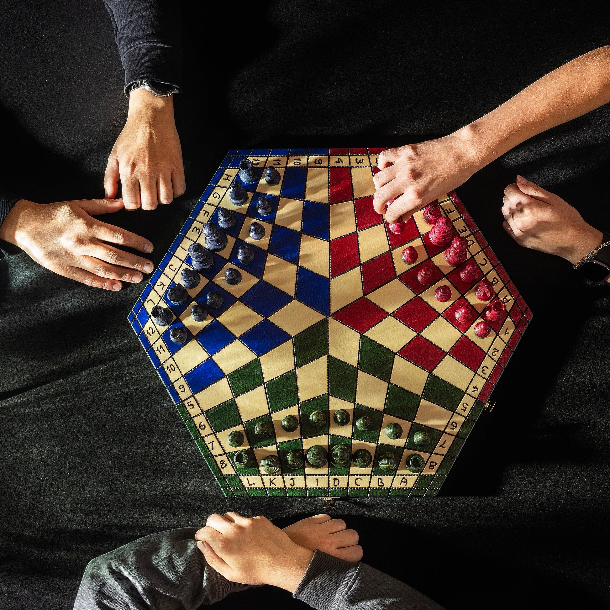 Three Player Tricolour Wooden Chess Set 3.35 in King