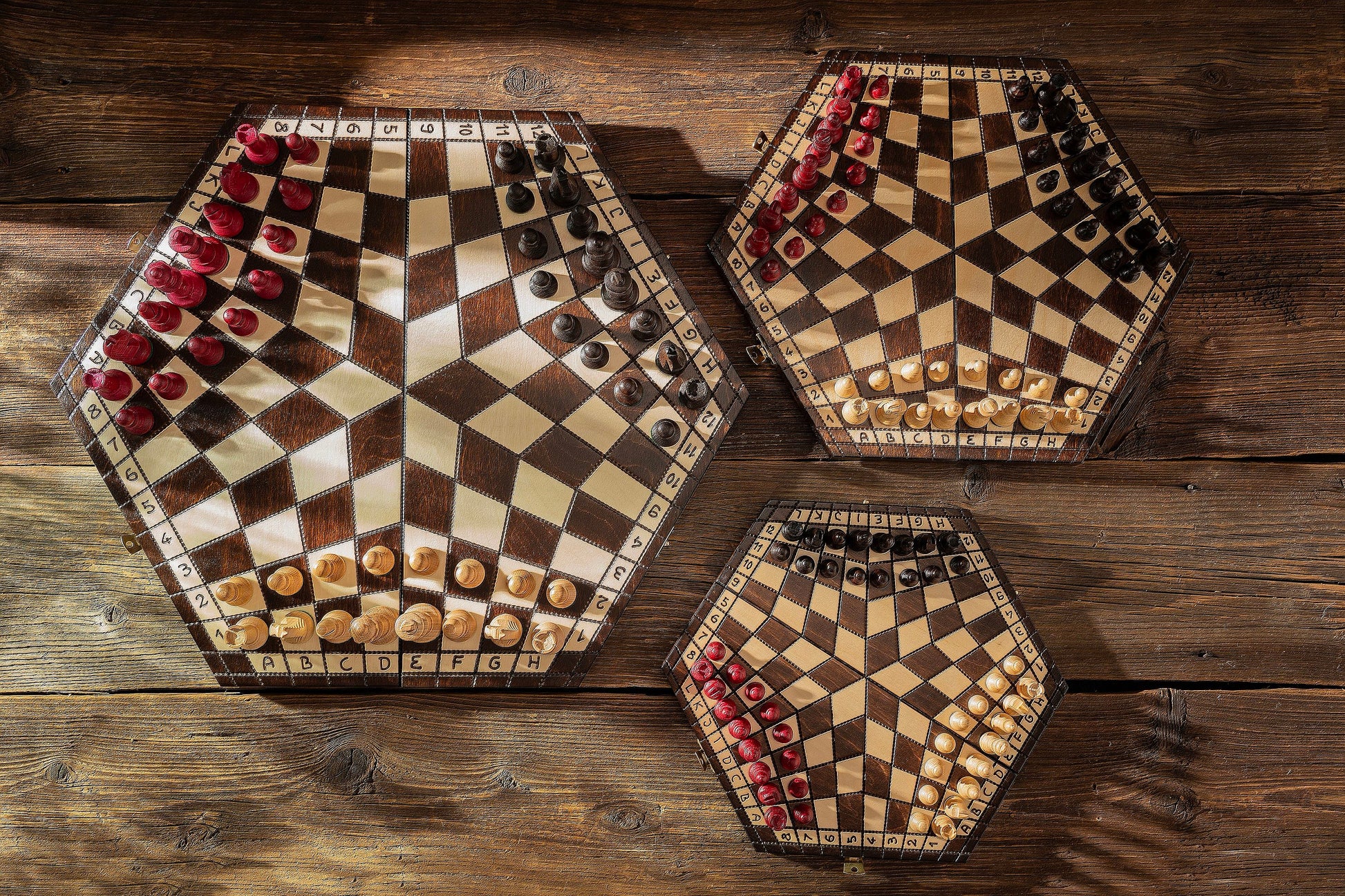 Three Player Wooden Chess Set Large 3.35 in King