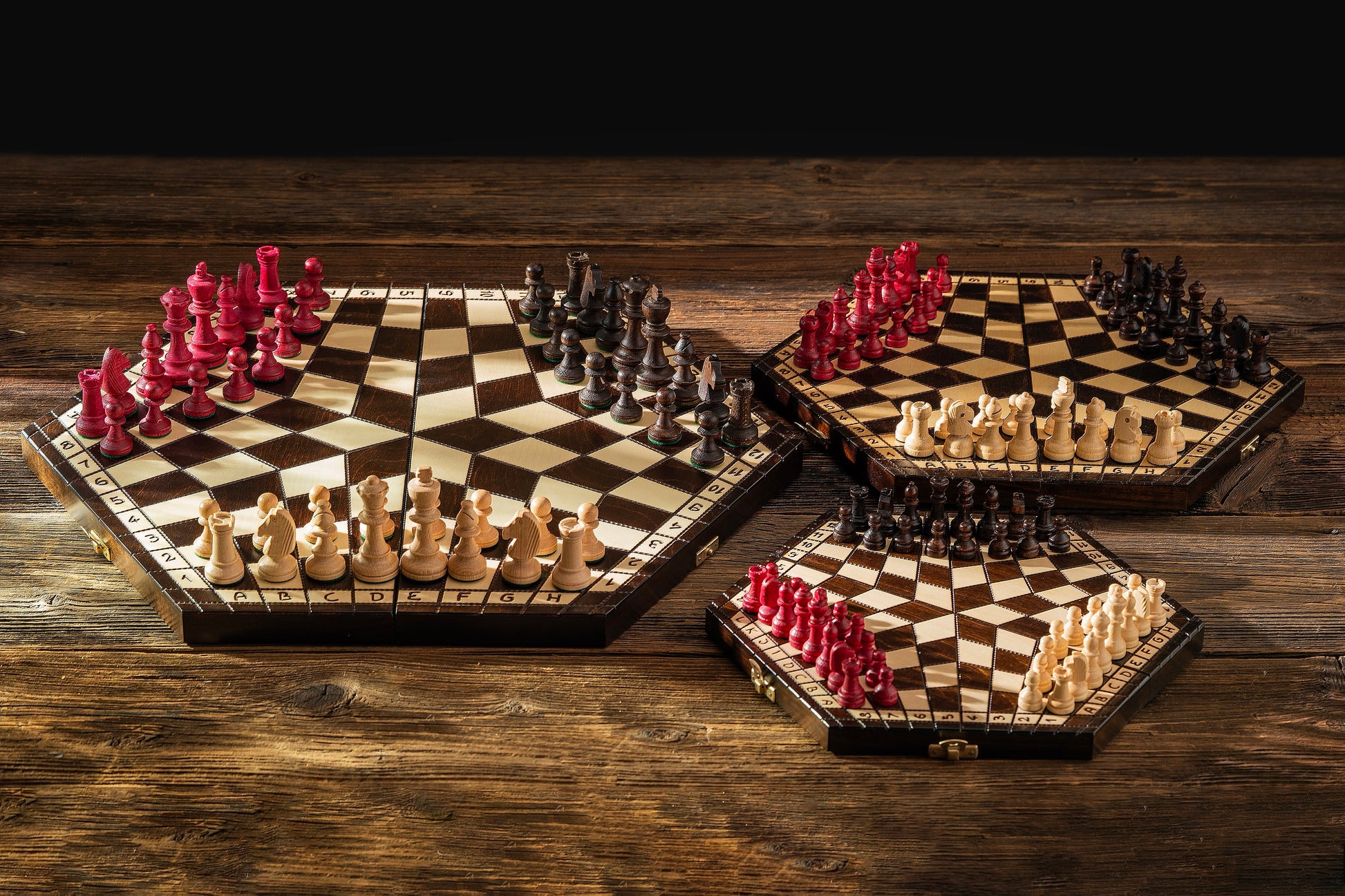 Three Player Wooden Chess Set Large 3.35 in King