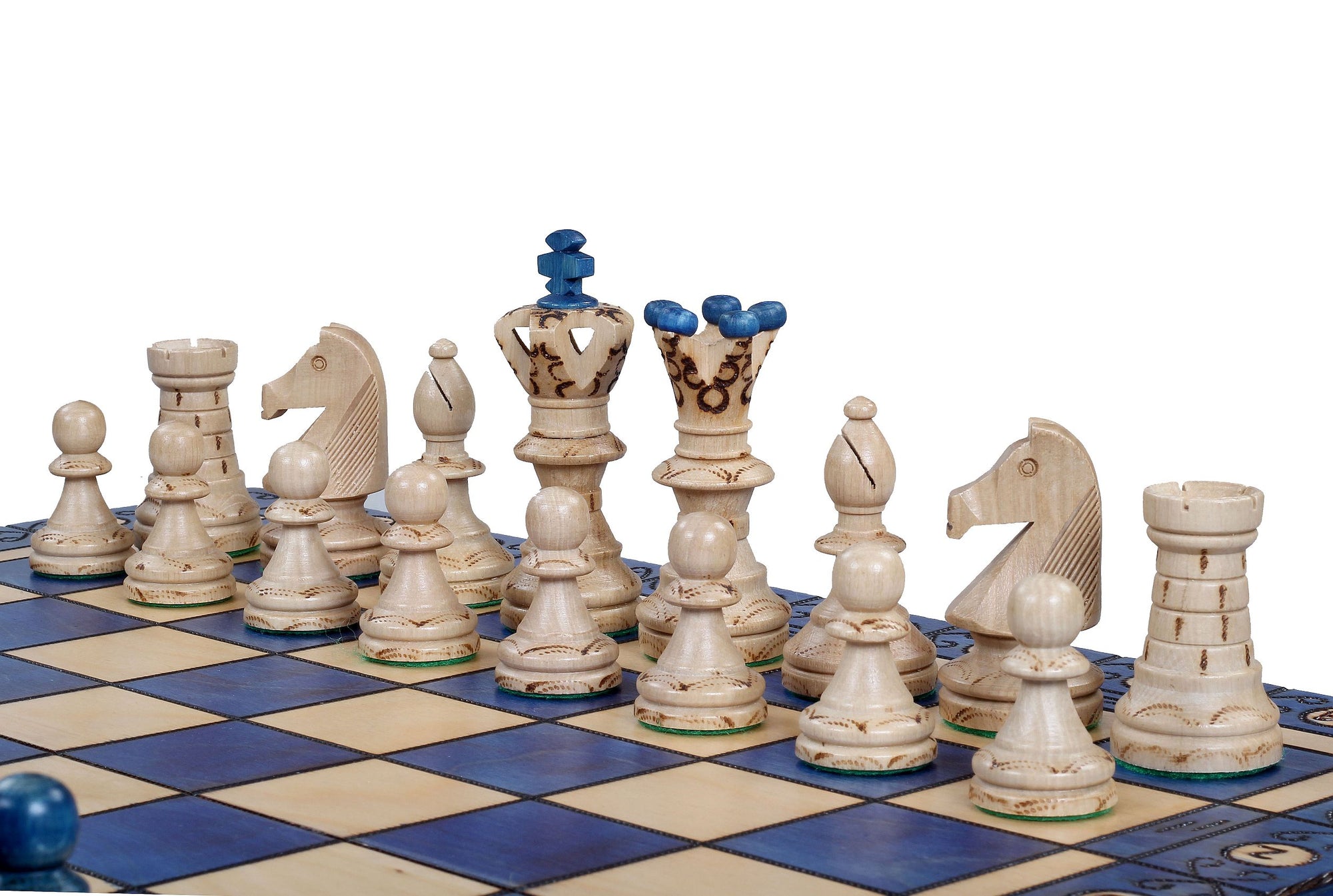 Ambassador Blue Deluxe Wooden Chess Set with Burnt Inlay – Size No. 5.5