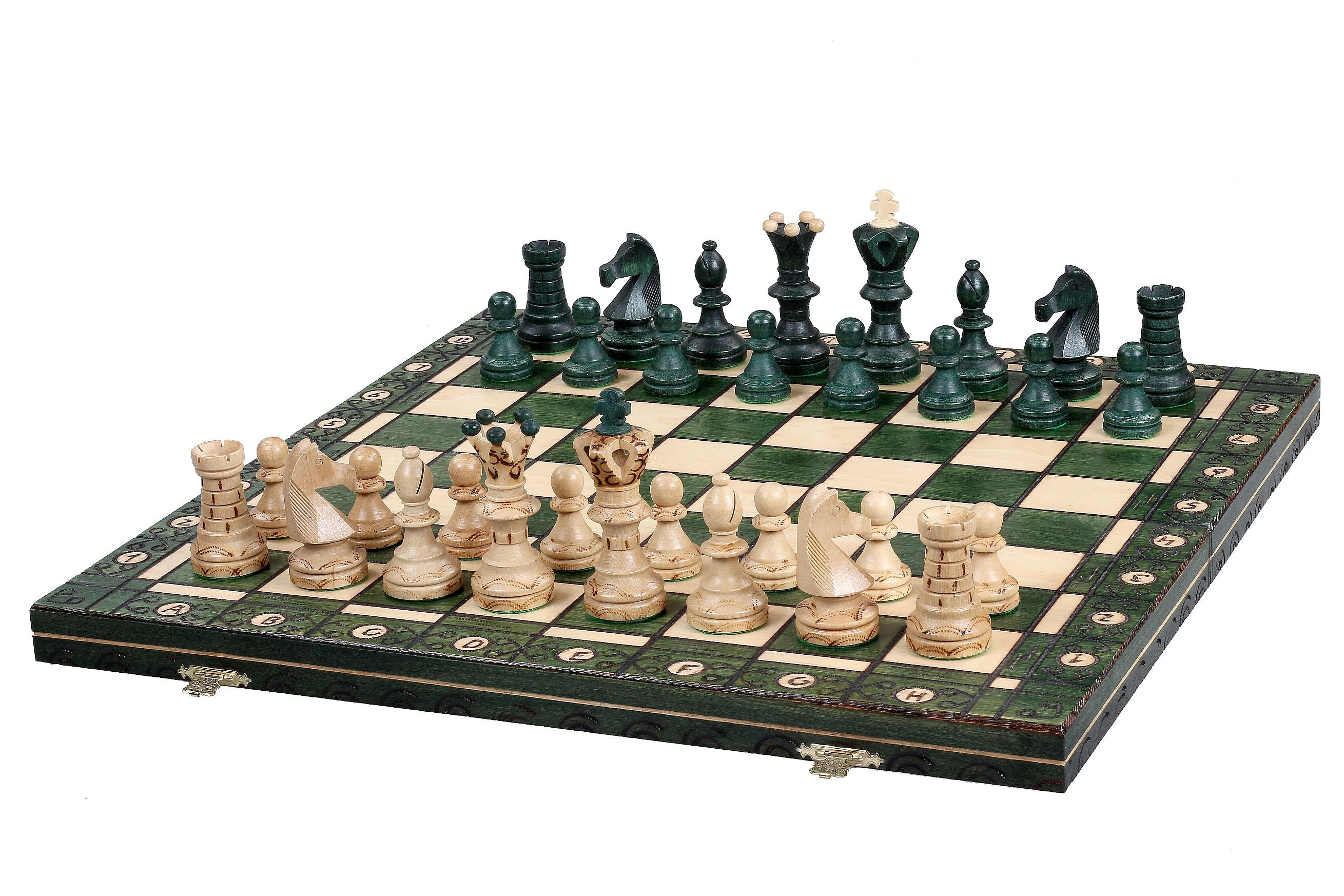 Ambassador Green Deluxe Wooden Chess Set with Burnt Inlay – Size No. 5.5