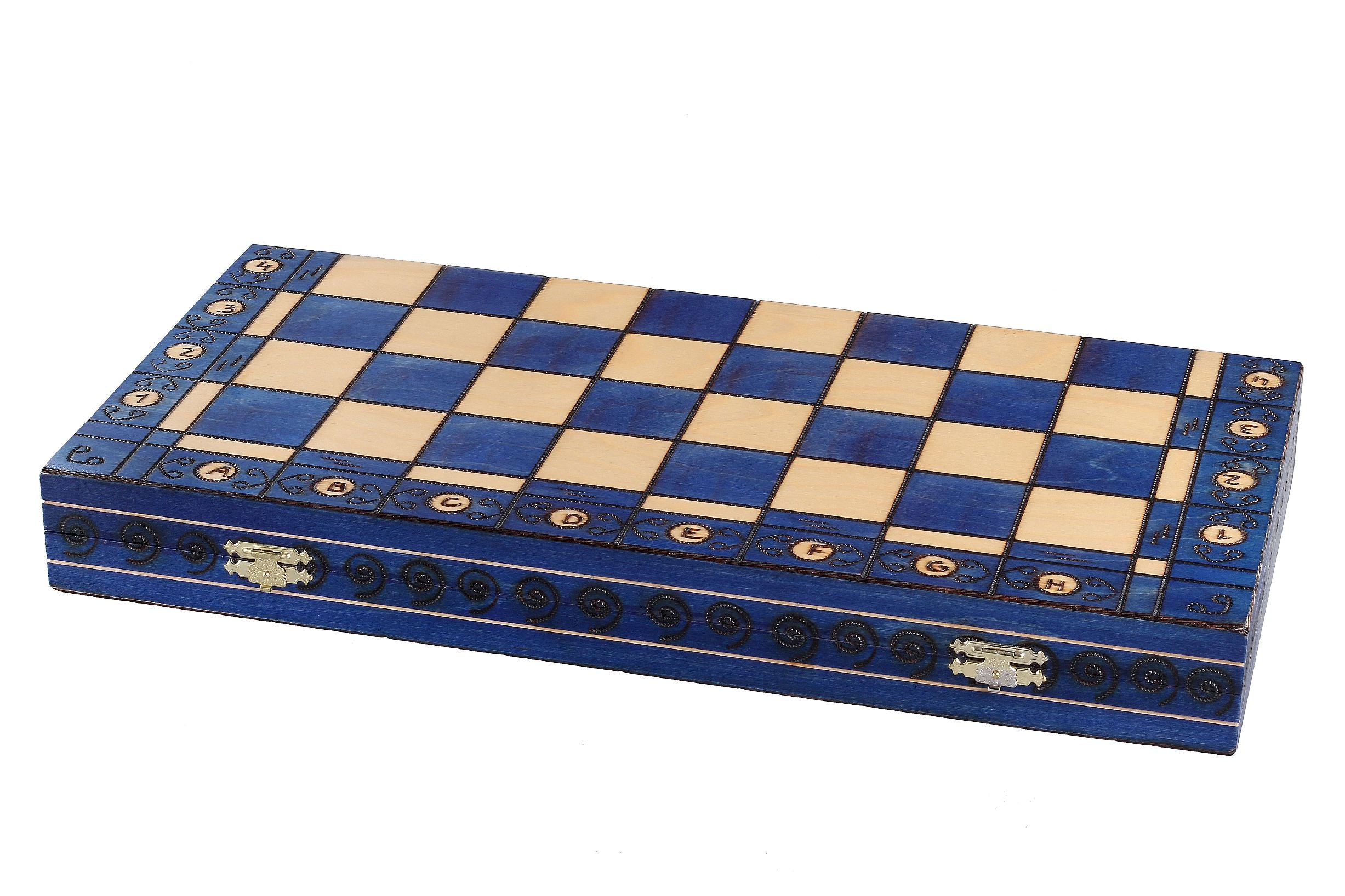 Ambassador Blue Deluxe Wooden Chess Set with Burnt Inlay – Size No. 5.5
