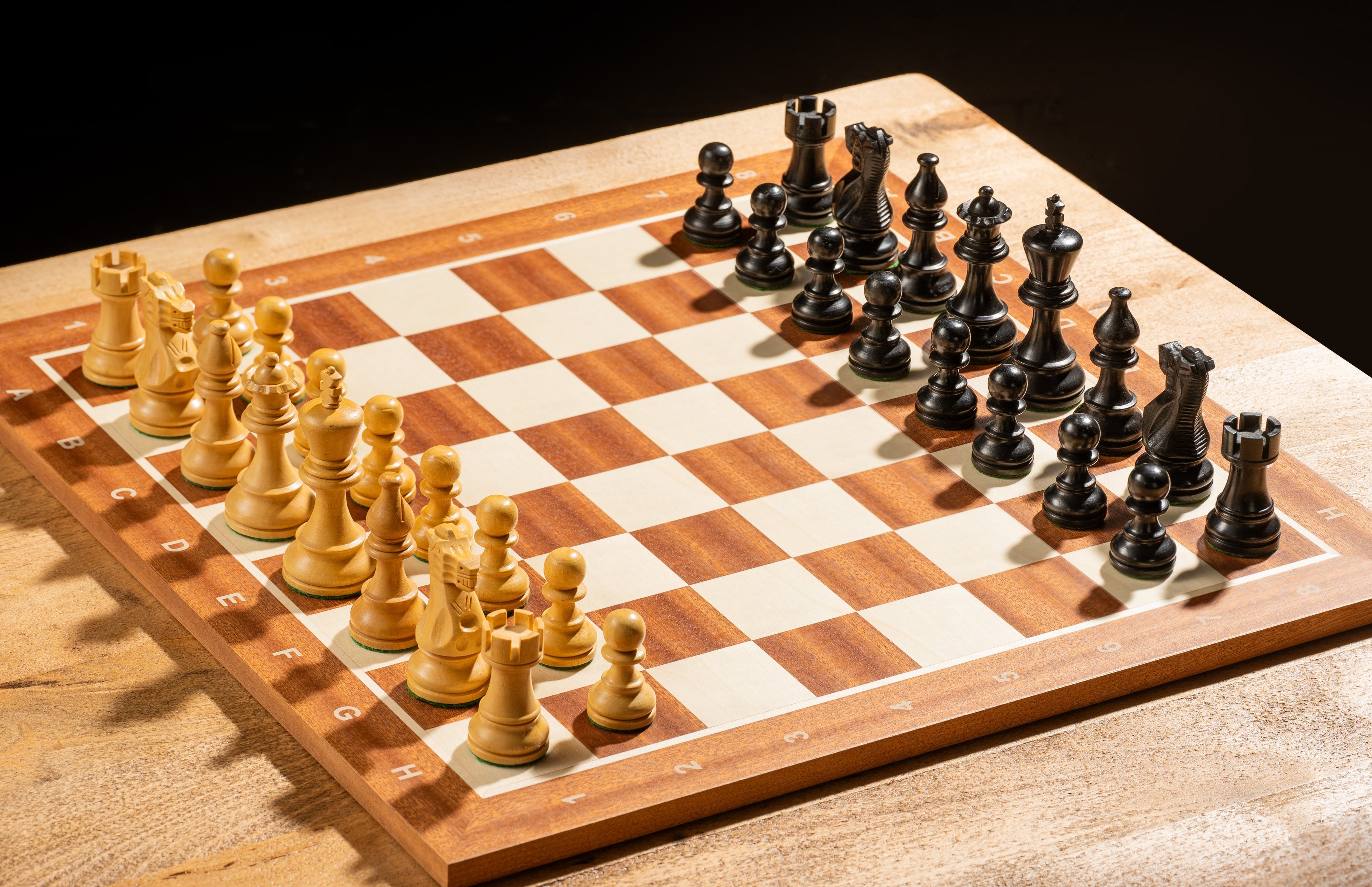 Mahogany and Maple Chess Set with Notation 3" Ebonised Pieces and 1.77" Squares