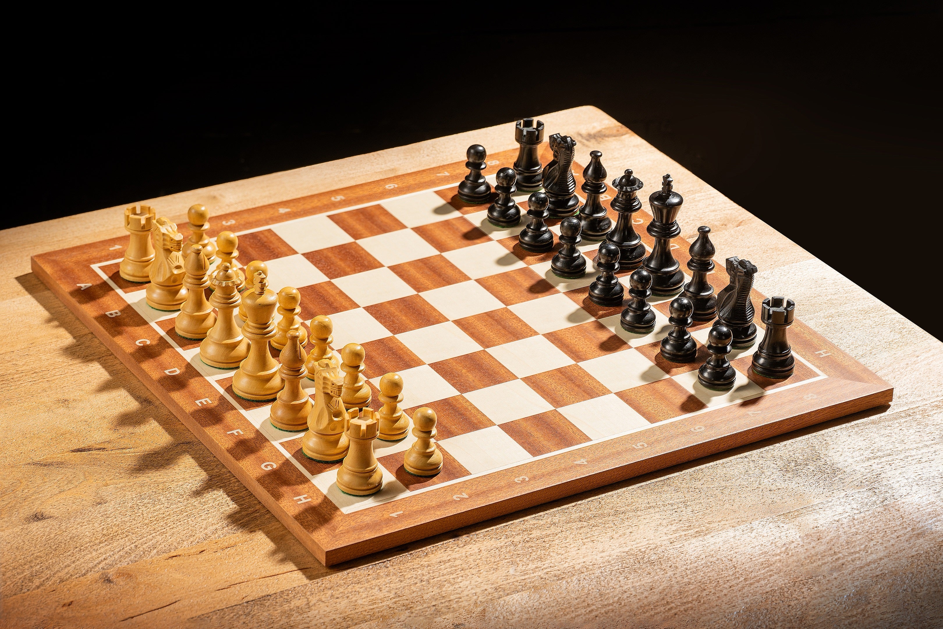 Mahogany and Maple Chess Set with Notation 3" Ebonised Pieces and 1.77" Squares