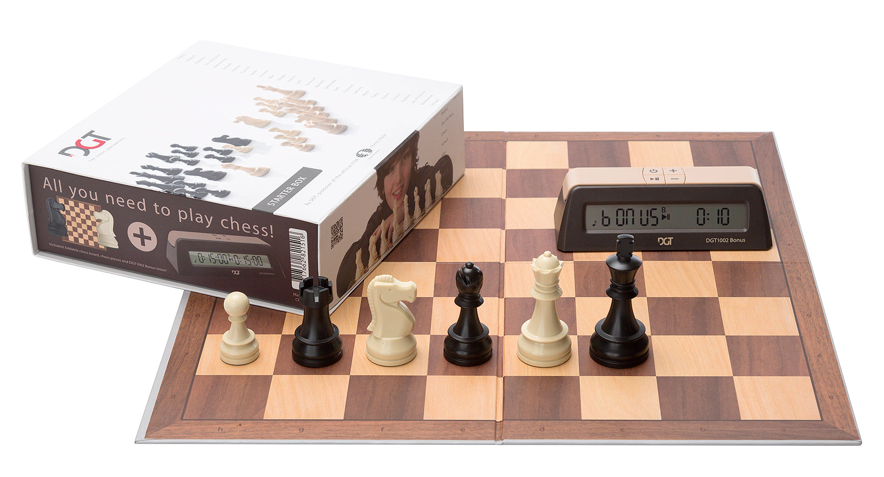 DGT Brown Chess Set with DGT 1002 Clock and Weighted Pieces 3.39 in King